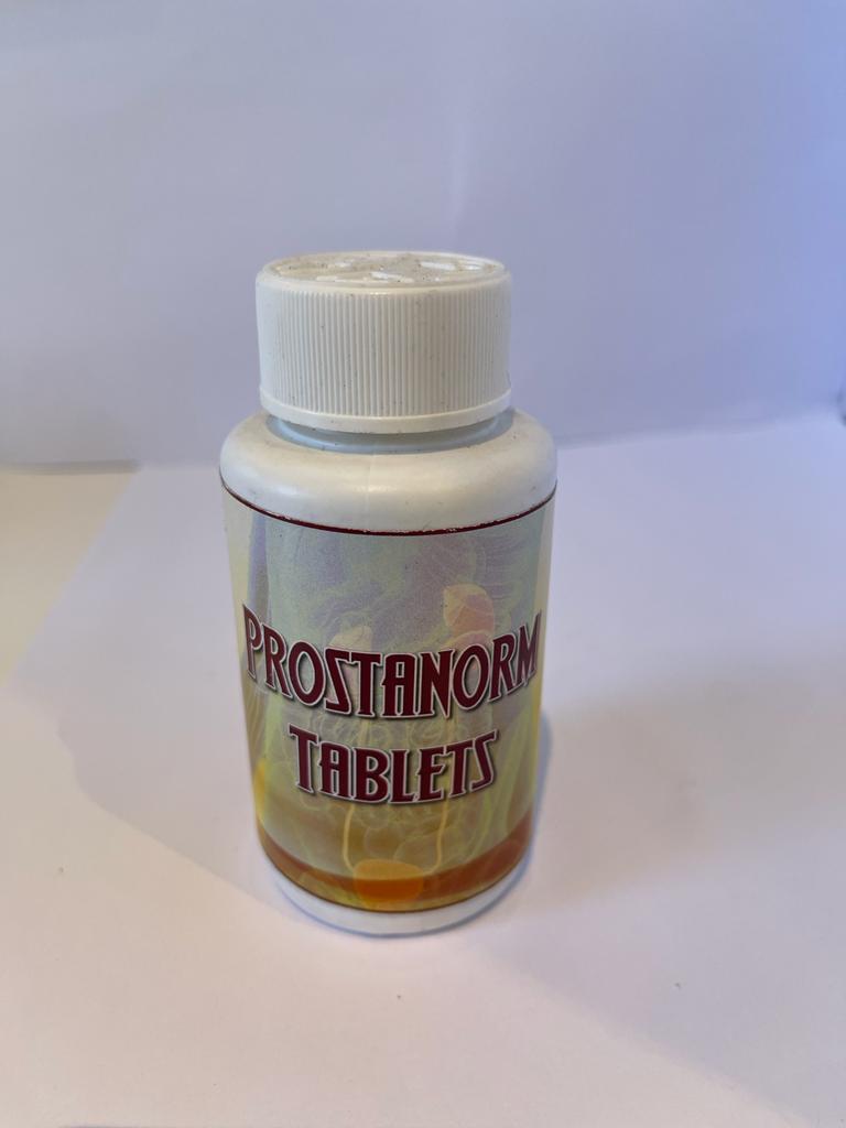 Prostanorm tablets bottle showcasing Ayurvedic formulation for prostate health support.
