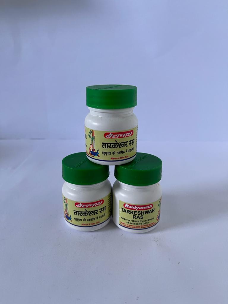 Tarkeshwar-20 tablets packaging stacked in three containers for Ayurvedic urinary health support.